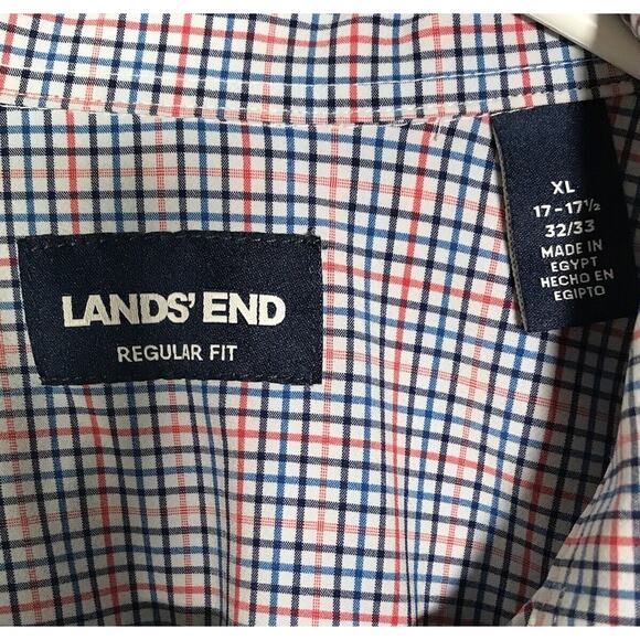 Lands End Checked Shirt Red Blue Men's XL Polyester Button Up Long Sleeve - Picture 4 of 8